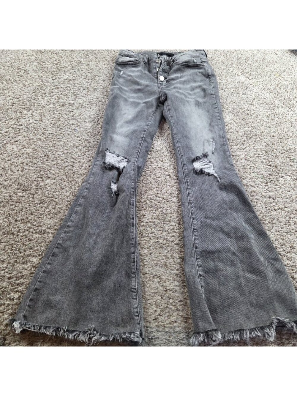 Risen Jeans Womens 27/5 Black Dark Wash Stretch Distressed Flare Raw Hem